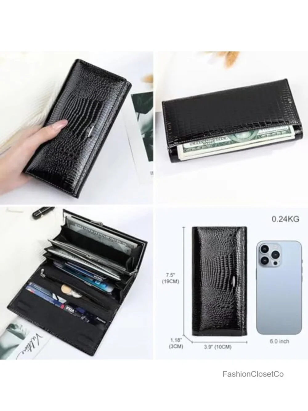 Genuine Leather Tri-Fold Wallet with Magnetic Closure, 19 Card Slots